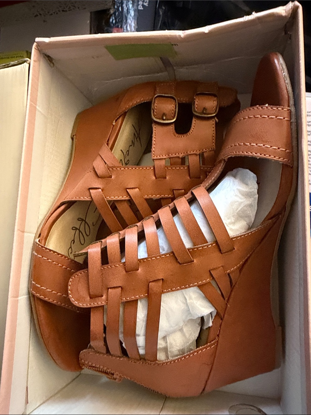 Woven Strappy Tan Wedge Sandals